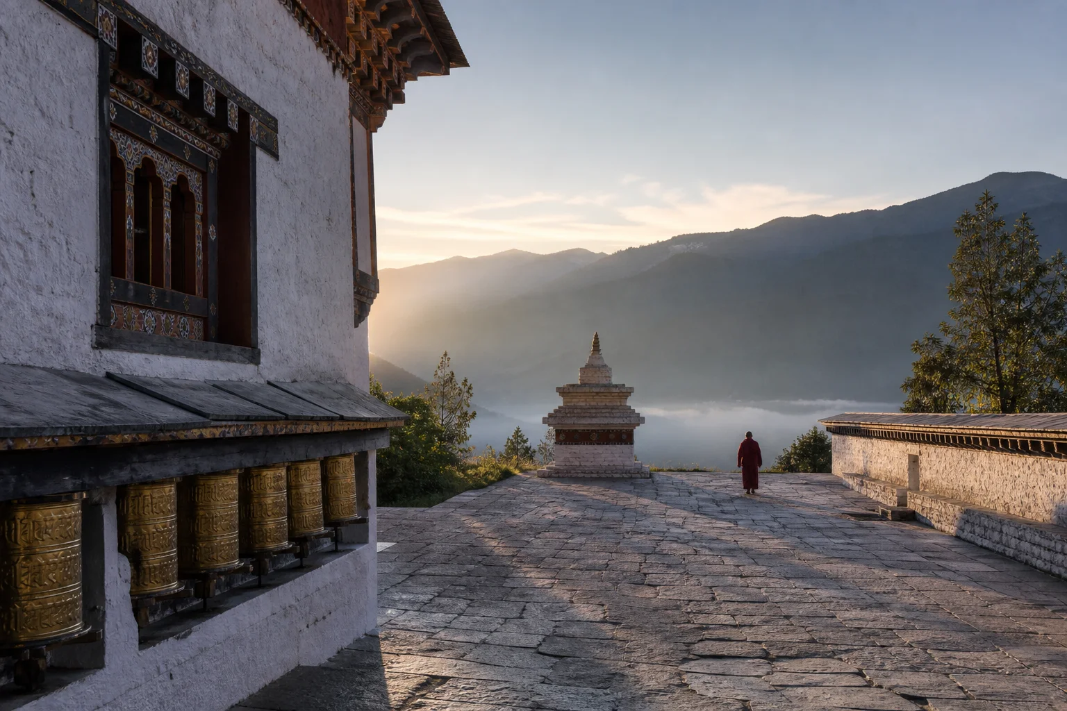 A quiet Bhutanese monastery courtyard overlooking the mountains
