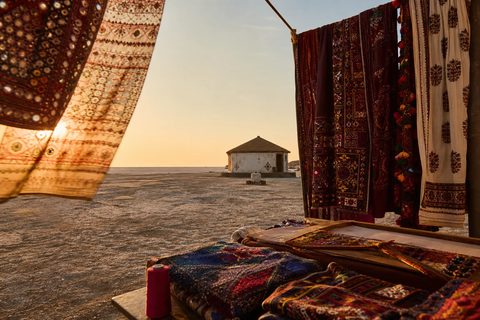 Traditional textiles beside the pale landscape of Kutch in Gujarat