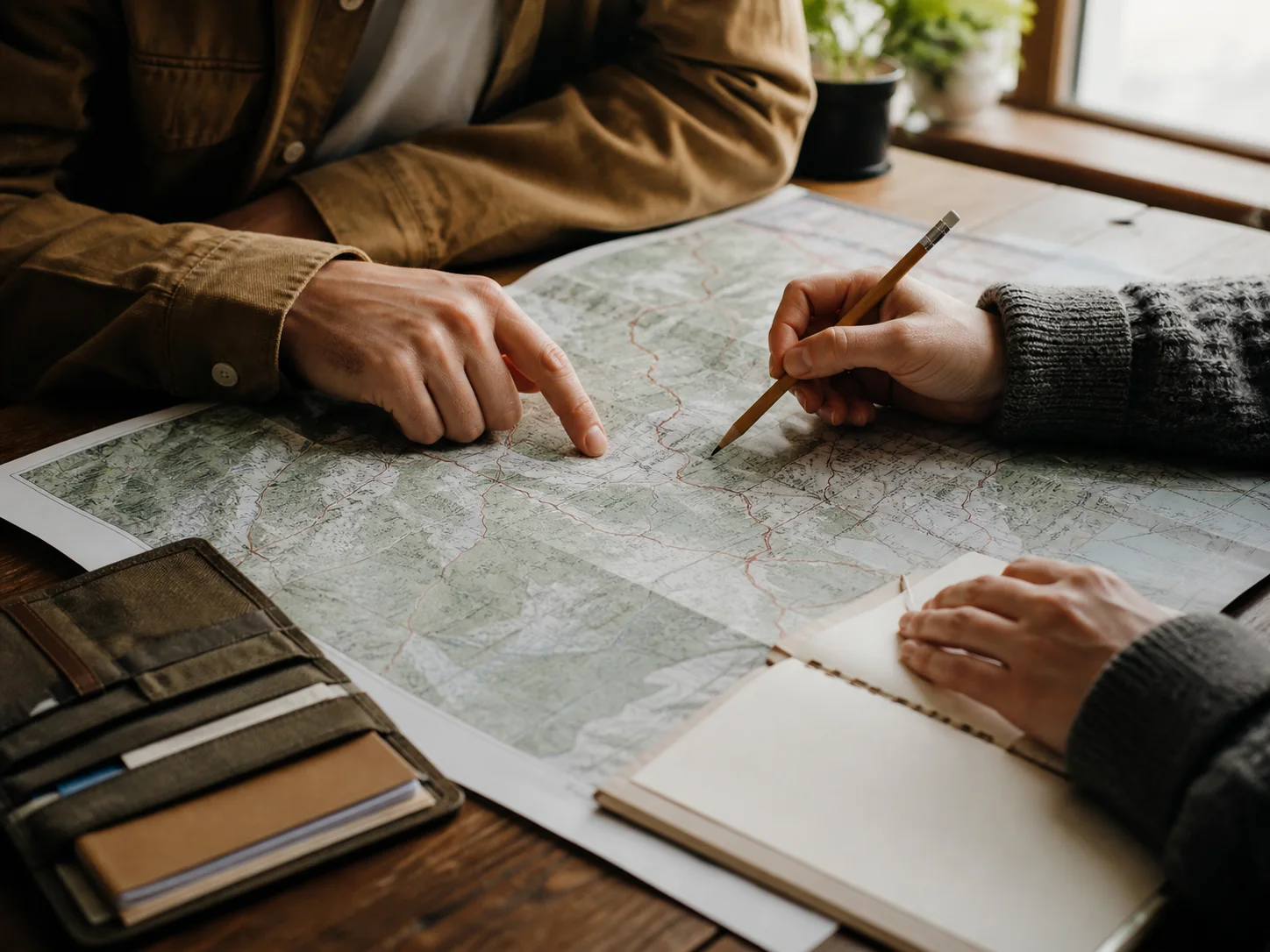 Hands planning a journey together over a route map