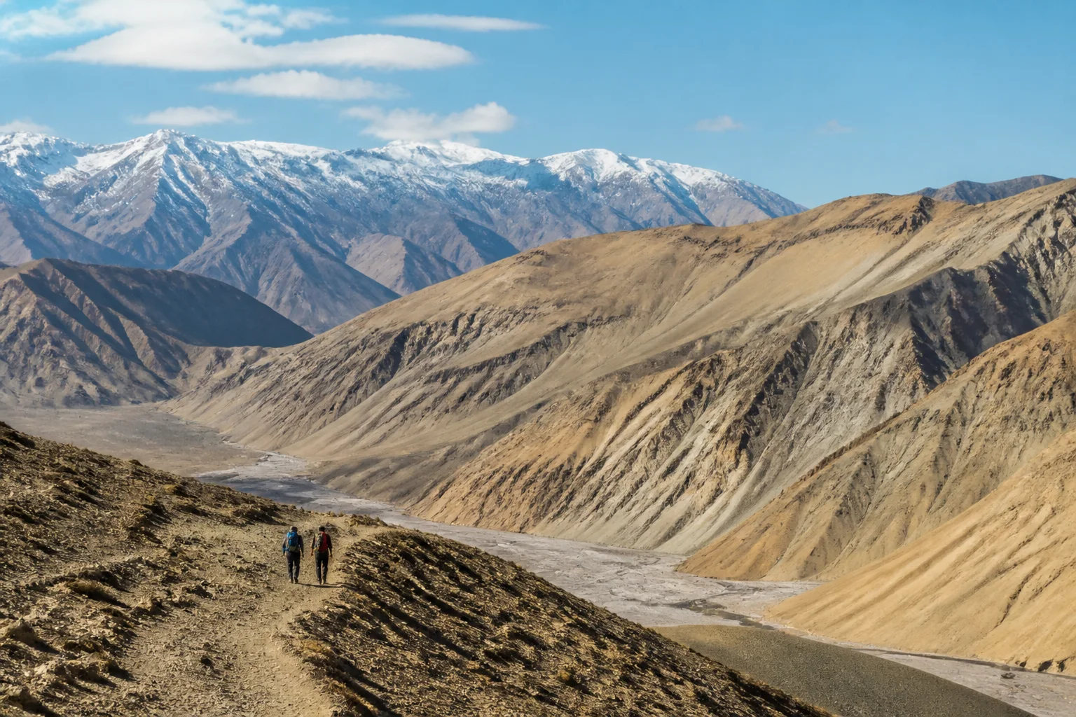 Hikers crossing the high mountain landscape of Ladakh