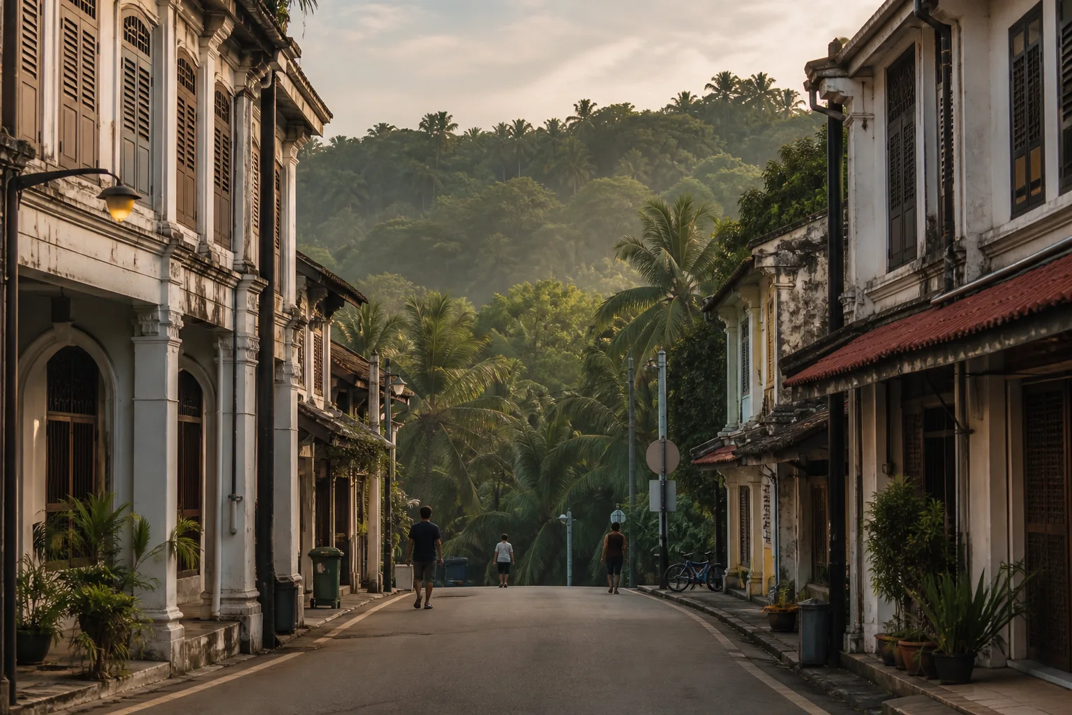 A historic Penang street opening toward tropical hills
