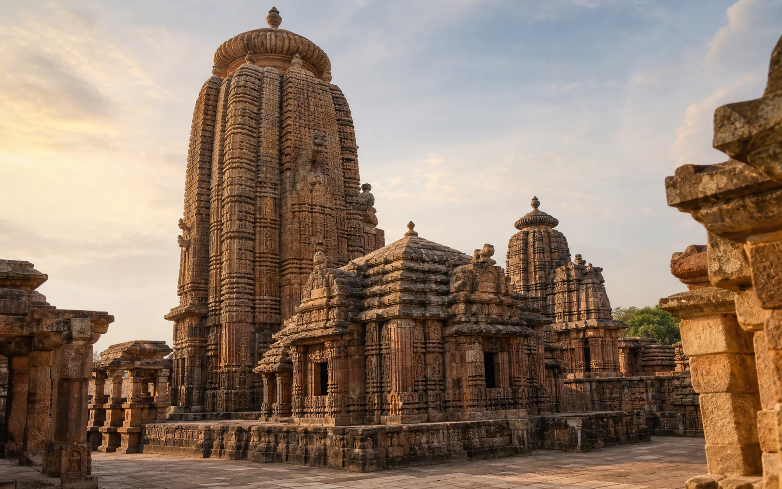 The carved stone towers of an Odisha temple complex