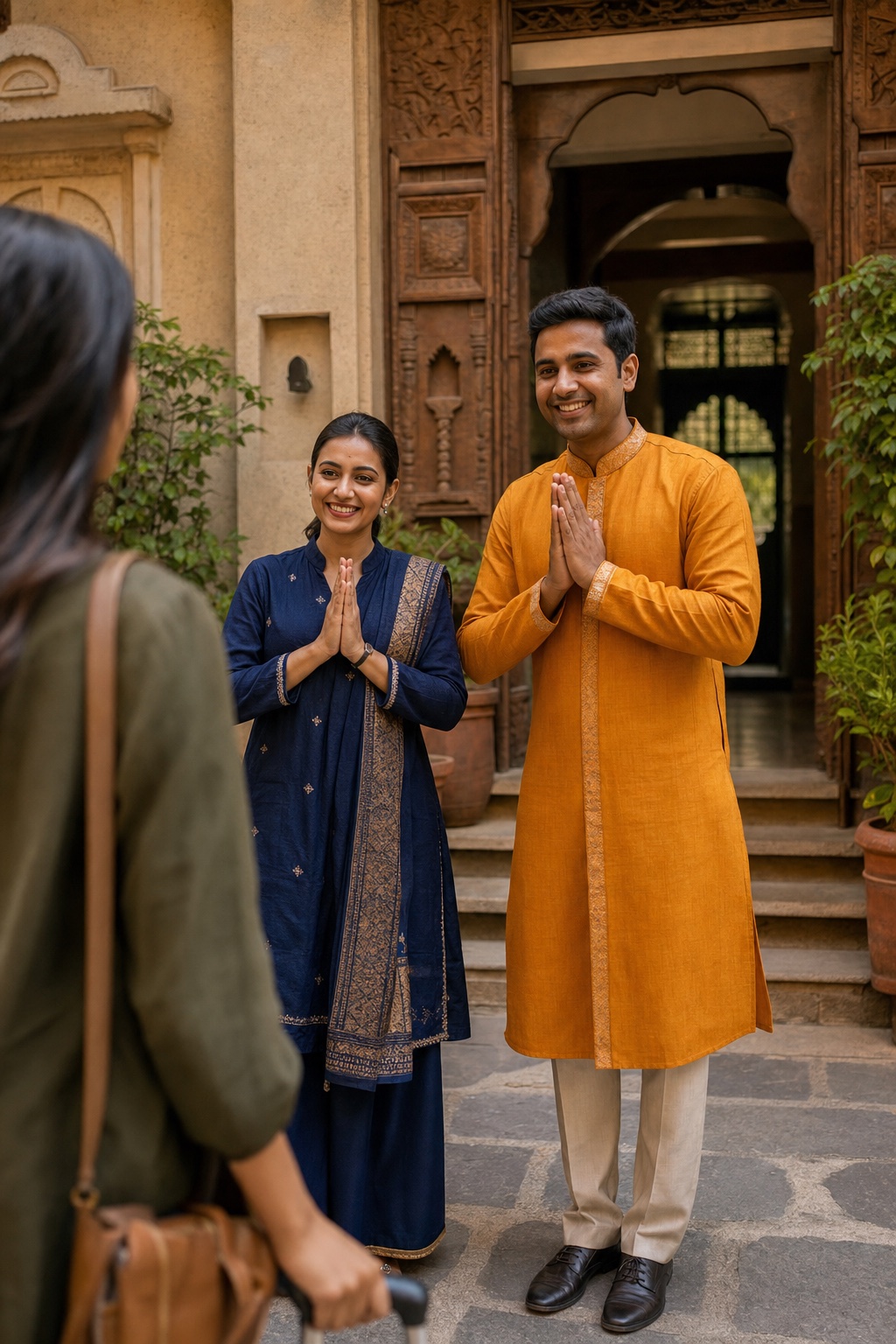 Hotel staff in traditional Indian dress welcoming a traveller with namaste
