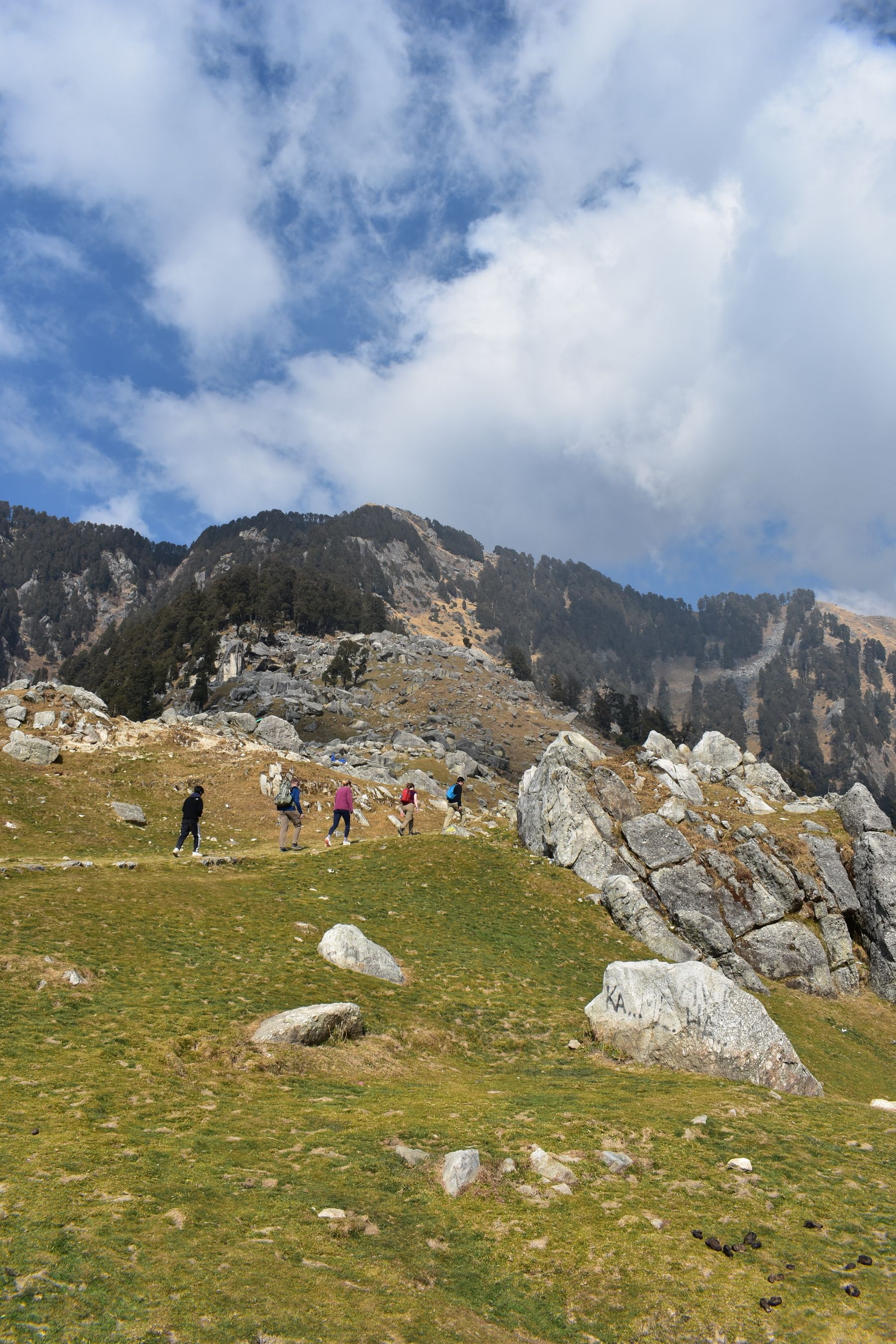 A group of travellers trekking through the mountains of Himachal Pradesh